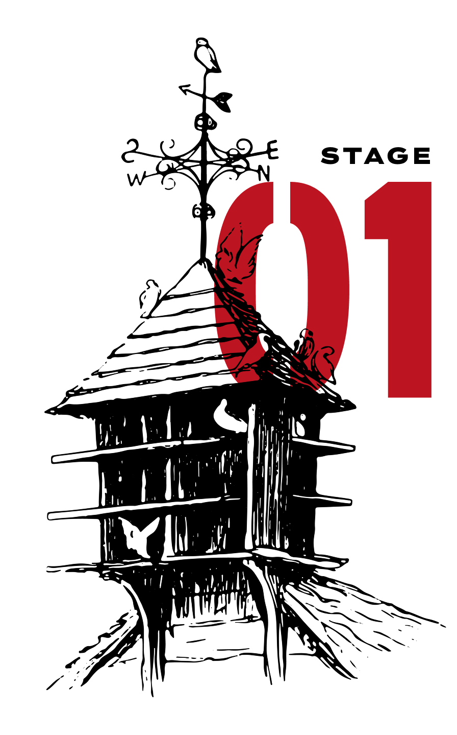 Pen-and-ink illustration of a dovecote topped with a weathervane, surrounded by perched birds.