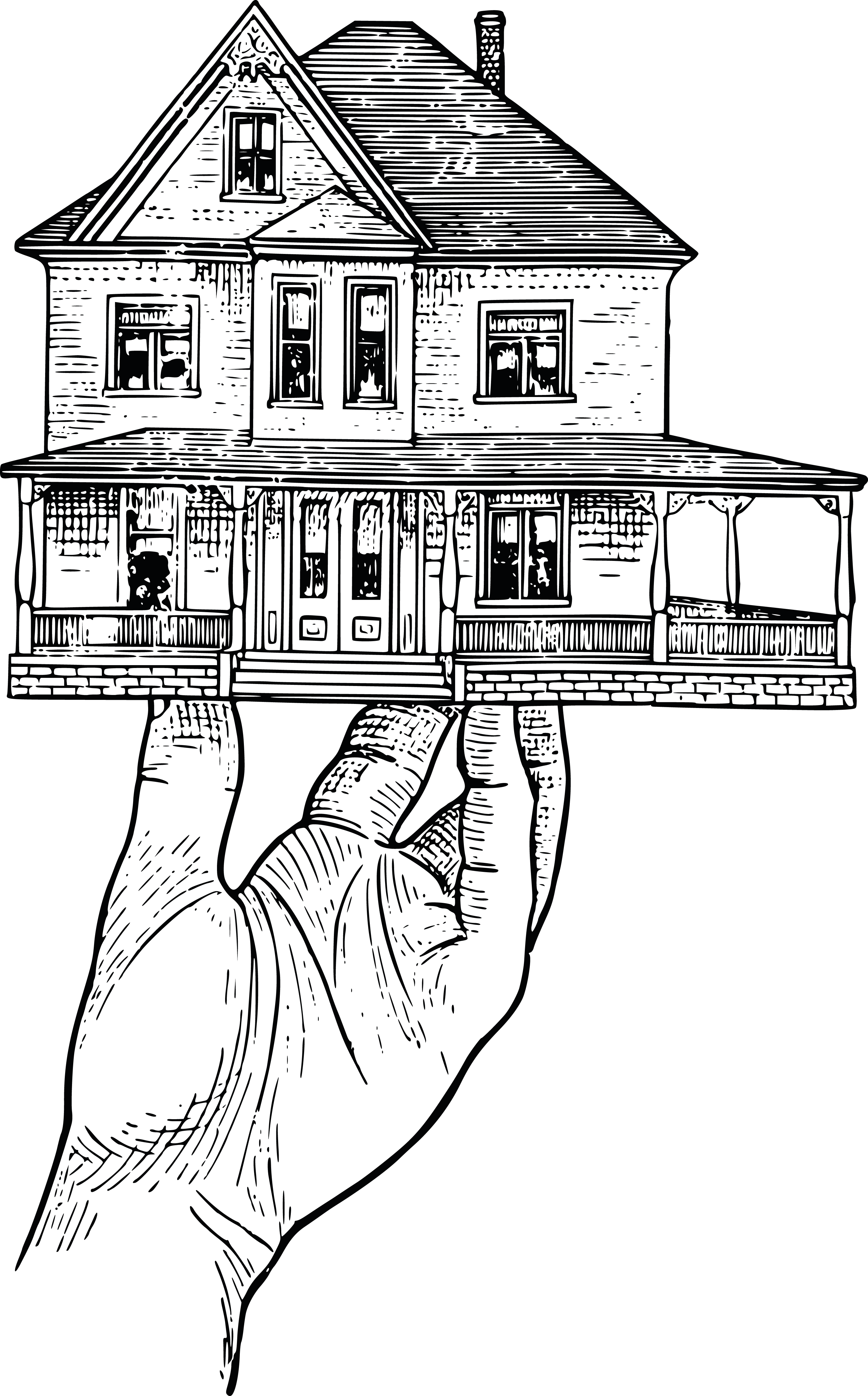 Pen-and-ink illustration of a hand holding up a small Victorian-style house.