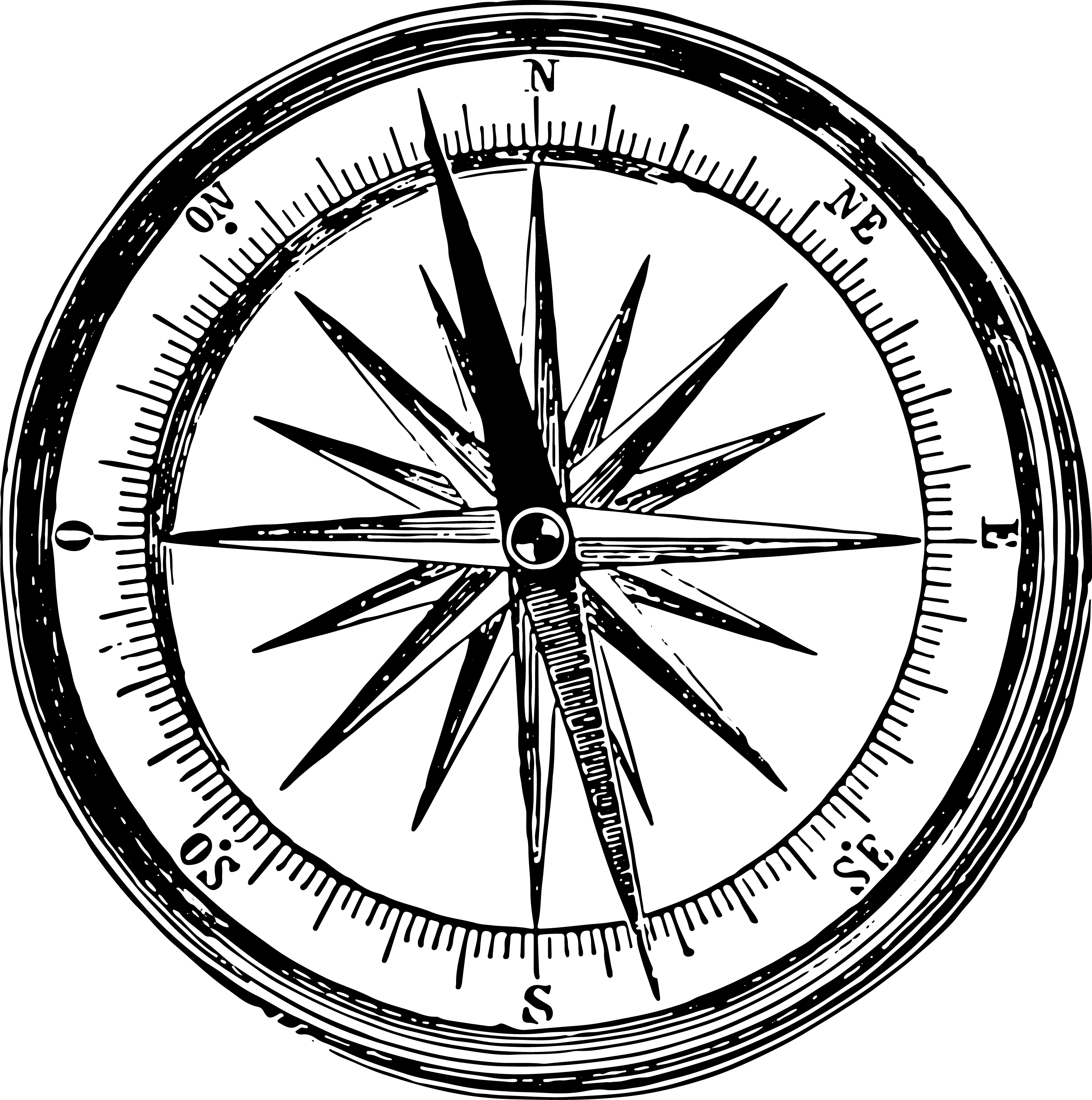 Pen-and-ink illustration of a compass rose with detailed cardinal markings.